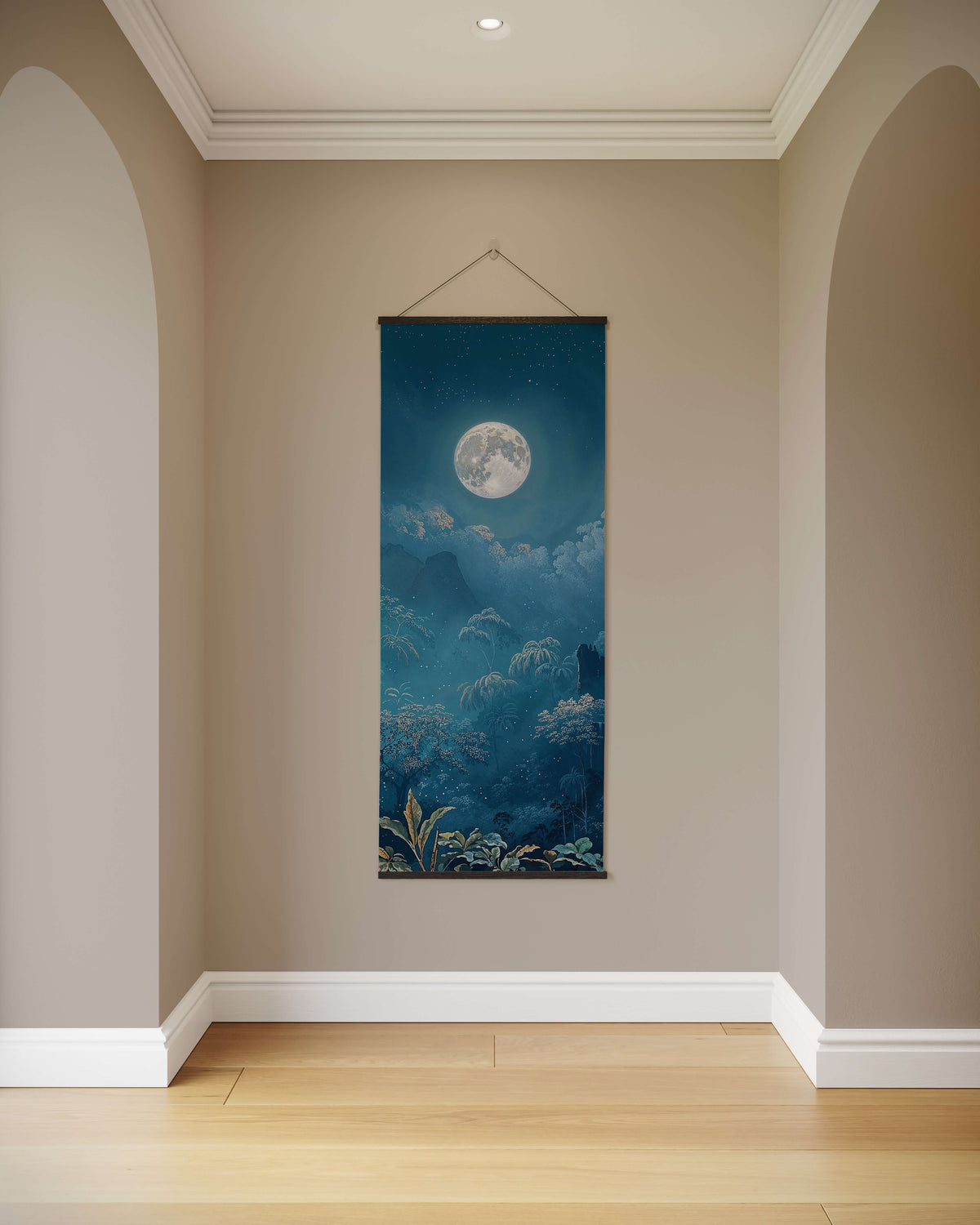 Printworks Tapestry featuring a serene moonlit landscape design on a blue background