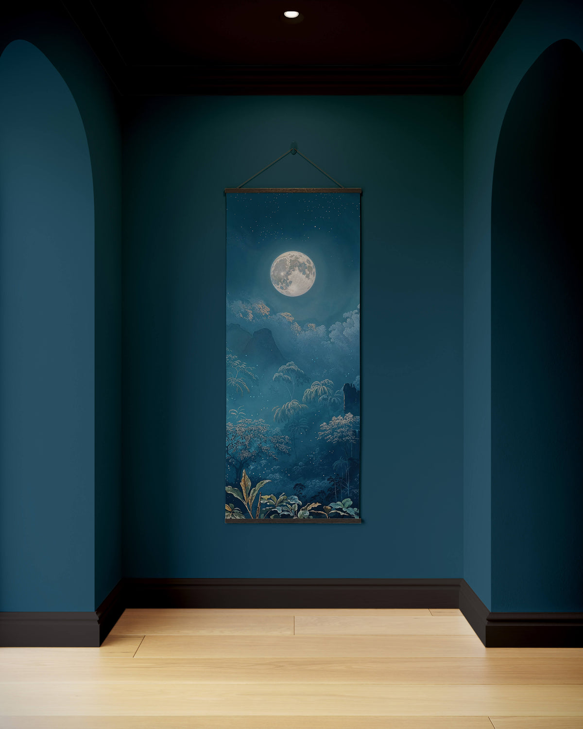 Printworks tapestry featuring a serene night scene with a full moon and lush scenery