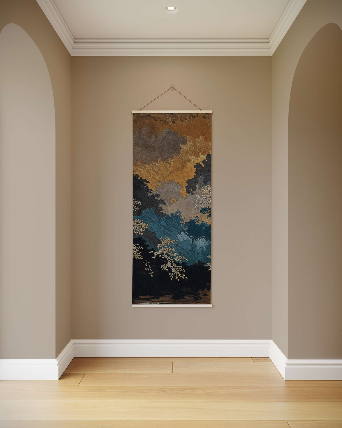 Elegant Printworks tapestry featuring a serene nature scene in blue and gold tones for wall decoration