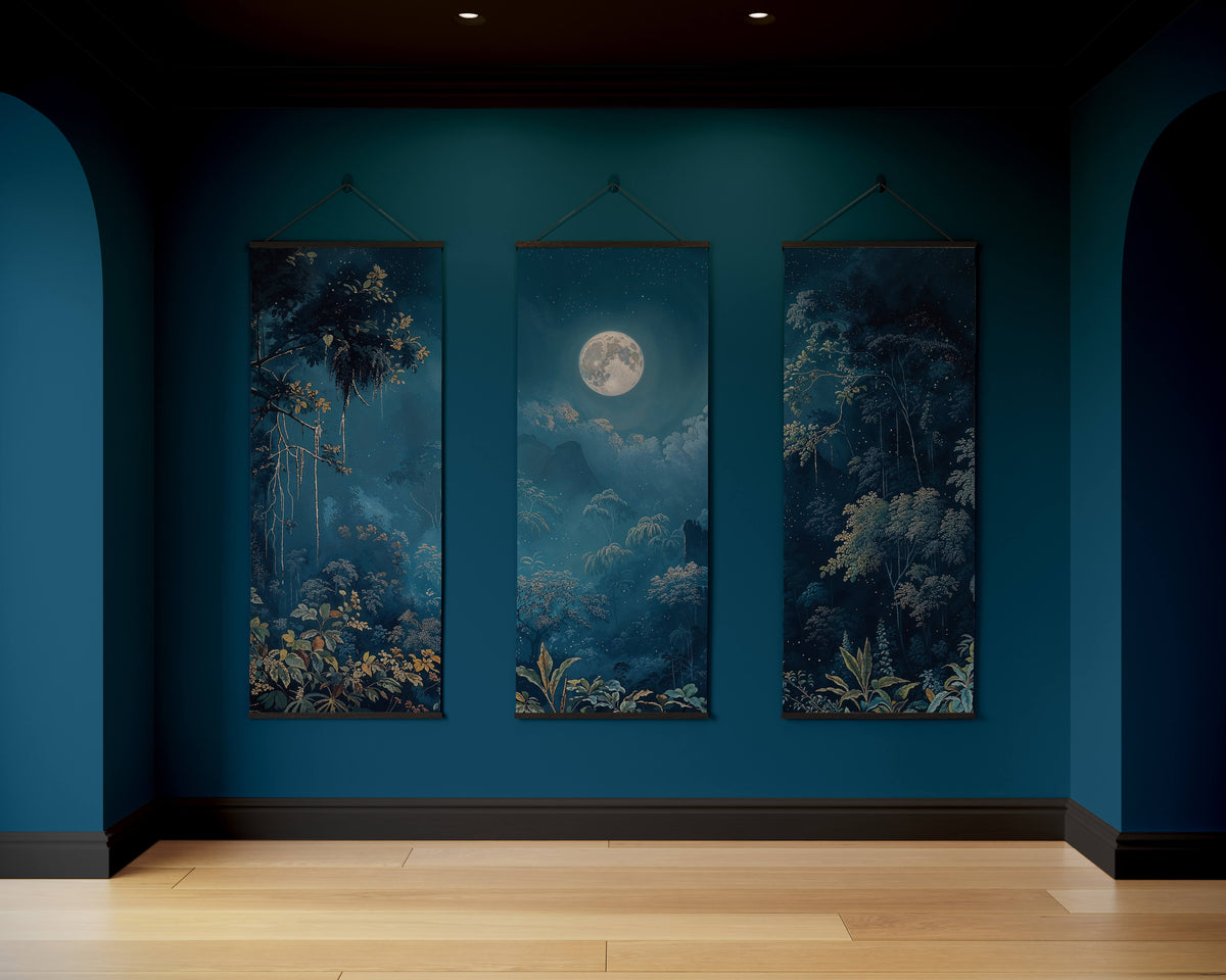 Printworks tapestry featuring a serene moonlit landscape with lush foliage and a calm atmosphere