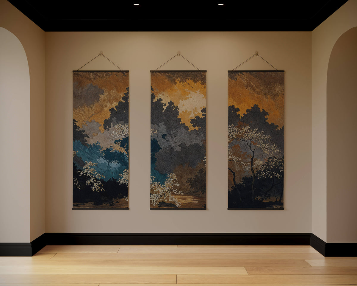 Printworks Tapestry featuring three beautifully designed wall hangings in a warm, artistic setting