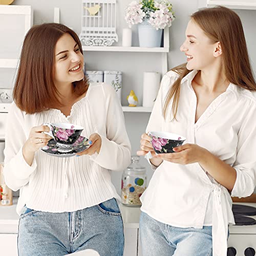 Two women enjoying tea with a floral Tea Cup and Saucer Set in a bright kitchen