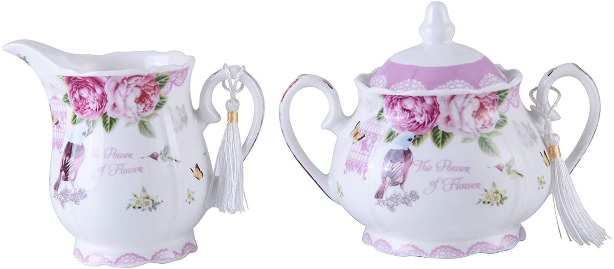 Elegant floral china milk jug from London Boutique Lifestyle with decorative tassel detailing