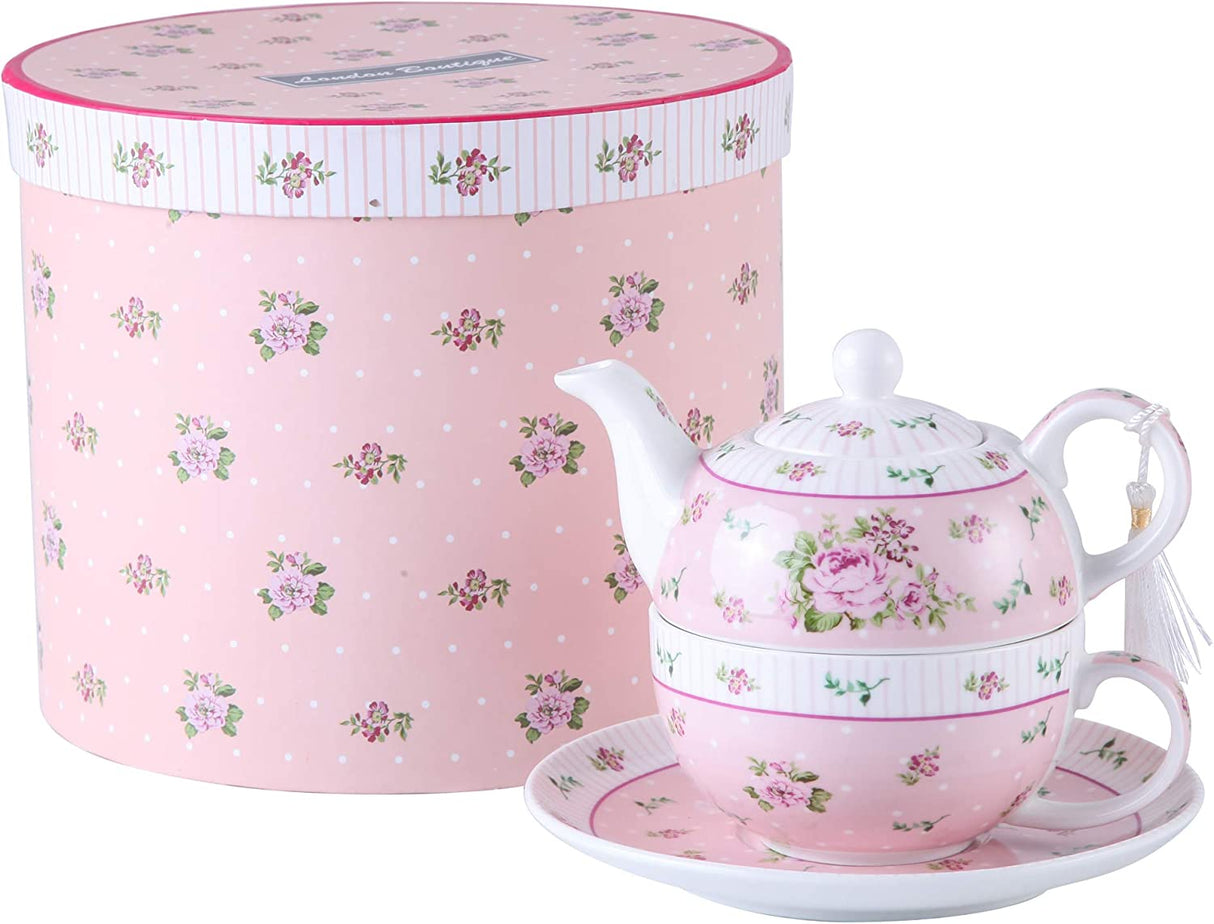 Charming pink floral Tea Set with teapot and saucer, presented in a decorative box