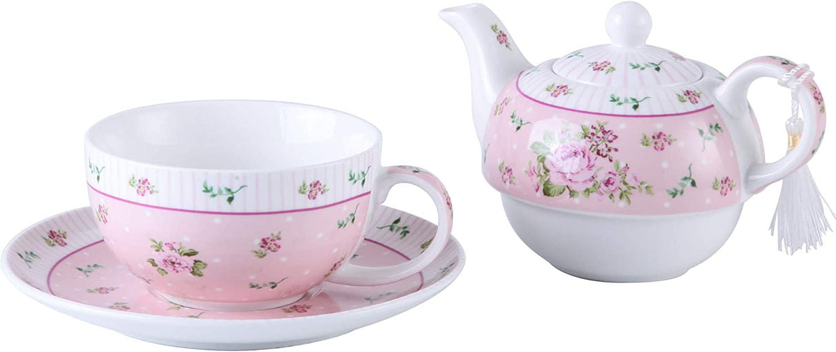 Elegant floral pink tea set including teapot and cup with saucer, perfect for afternoon tea