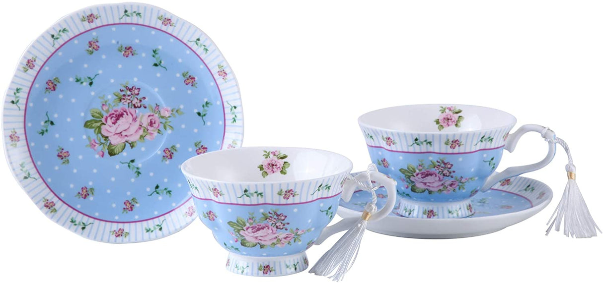 Elegant blue floral tea cups with matching saucers from London Boutique Lifestyle for afternoon tea