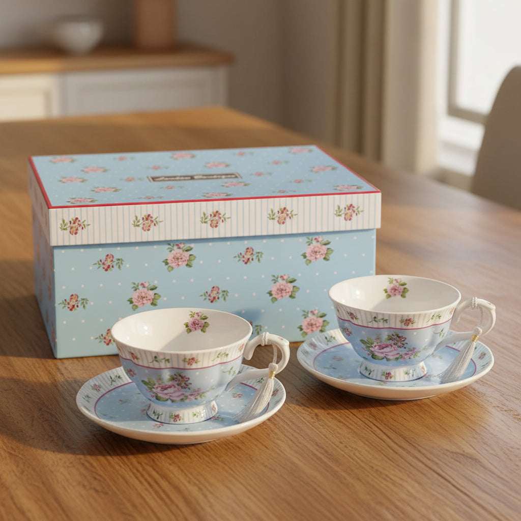 Elegant floral tea cups with matching saucers in a gift box by London Boutique Lifestyle