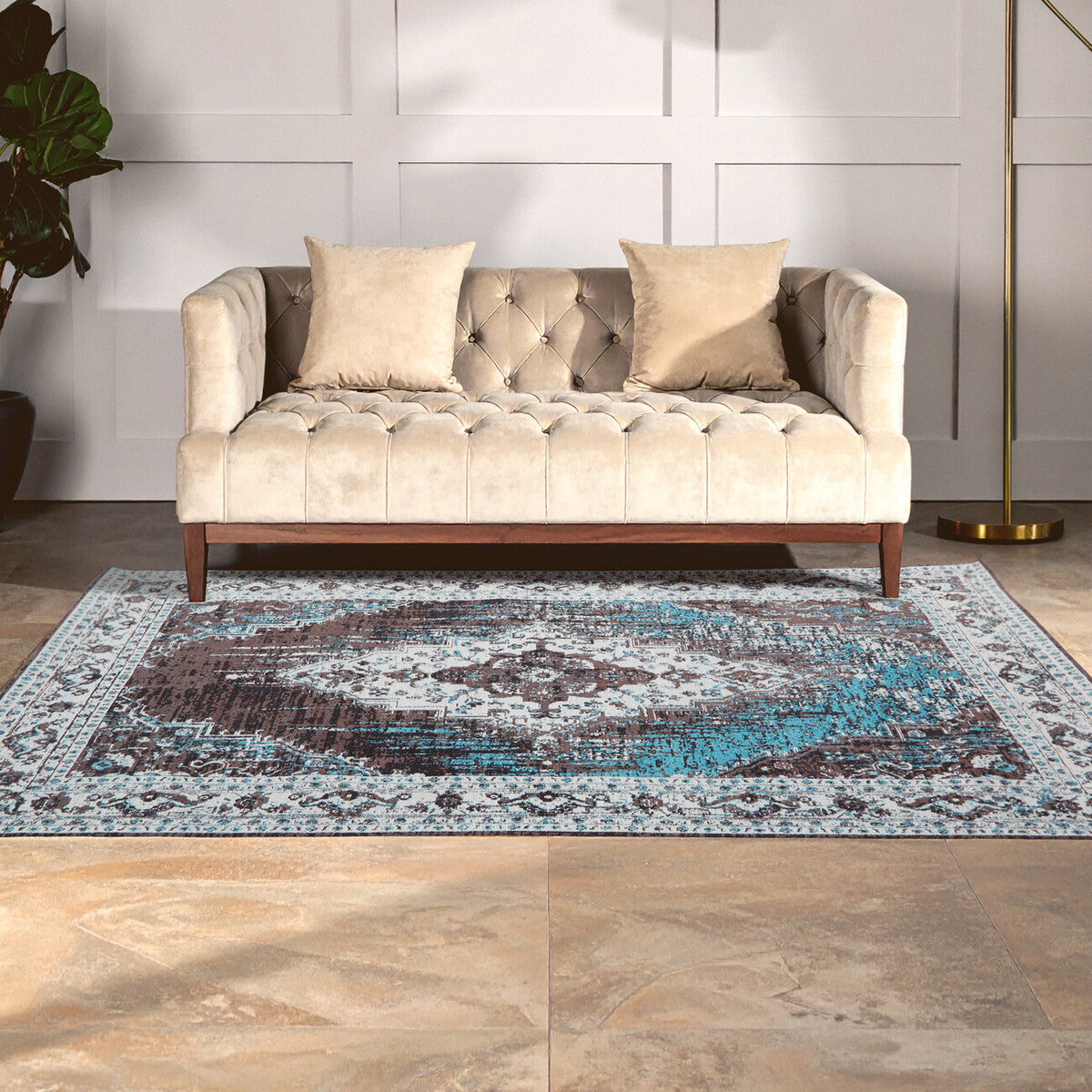 Orsina Teal Rug with intricate patterns, enhancing the elegance of a modern living room decor