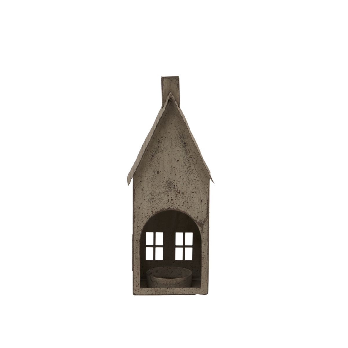 Rustic grey tealight holder in a house design, perfect for Christmas table decor and cosy gatherings