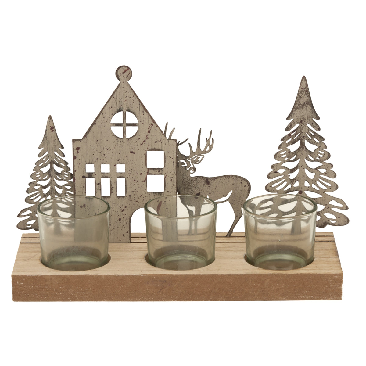 Shades 4 Seasons wooden tealight holder with Christmas scene featuring a house, deer, and trees