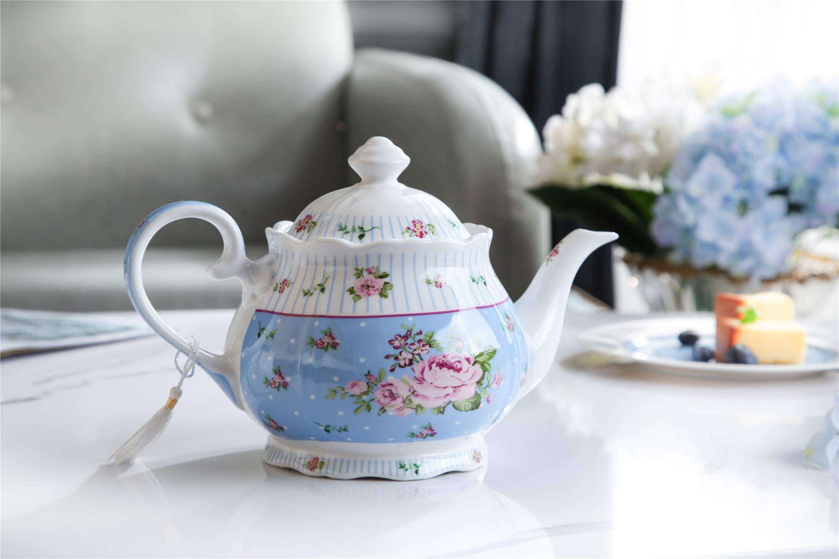 Elegant London Boutique Lifestyle Teapot Set in pastel blue with floral designs for tea parties
