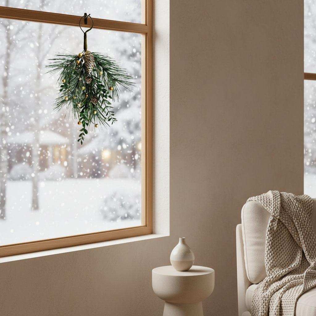 Teardrop Swag artificial greenery decoration hanging in a winter window, adding festive charm to the home