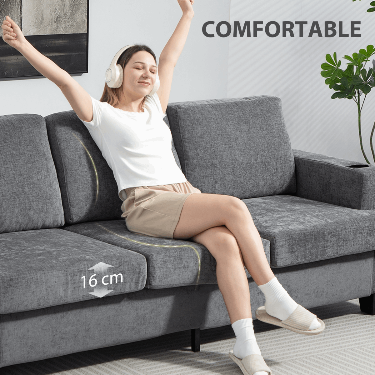 HOMCOM Three Seater Sofa, Fabric Sofa with USB Ports and Cup Holders, Grey HOMCOM