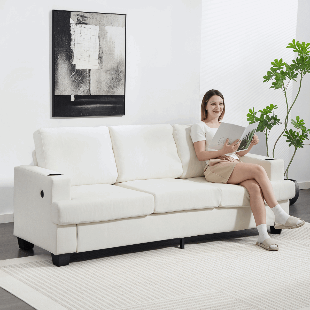 HOMCOM Three Seater Sofa, Fabric Sofa with USB Ports and Cup Holders, Cream HOMCOM