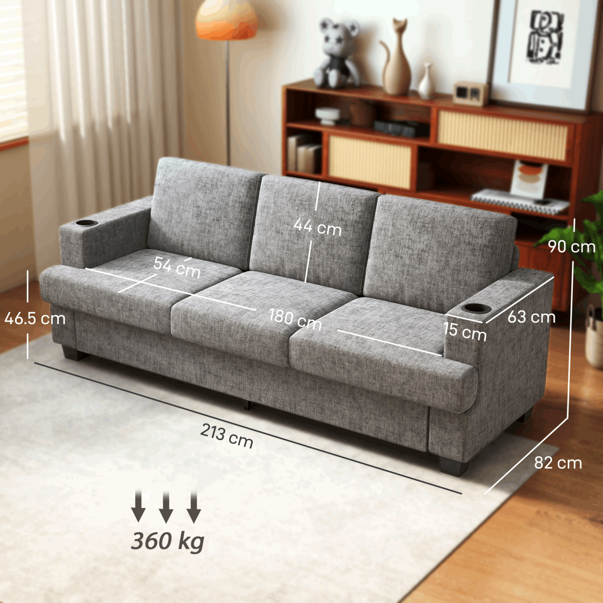 HOMCOM Three Seater Sofa, Fabric Sofa with USB Ports and Cup Holders, Grey HOMCOM