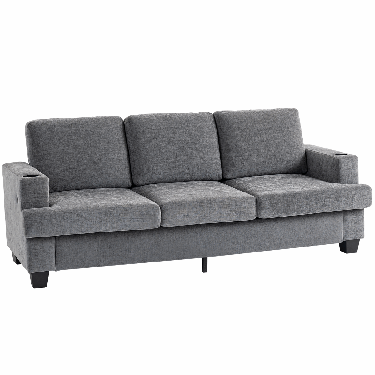 HOMCOM Three Seater Sofa, Fabric Sofa with USB Ports and Cup Holders, Grey HOMCOM