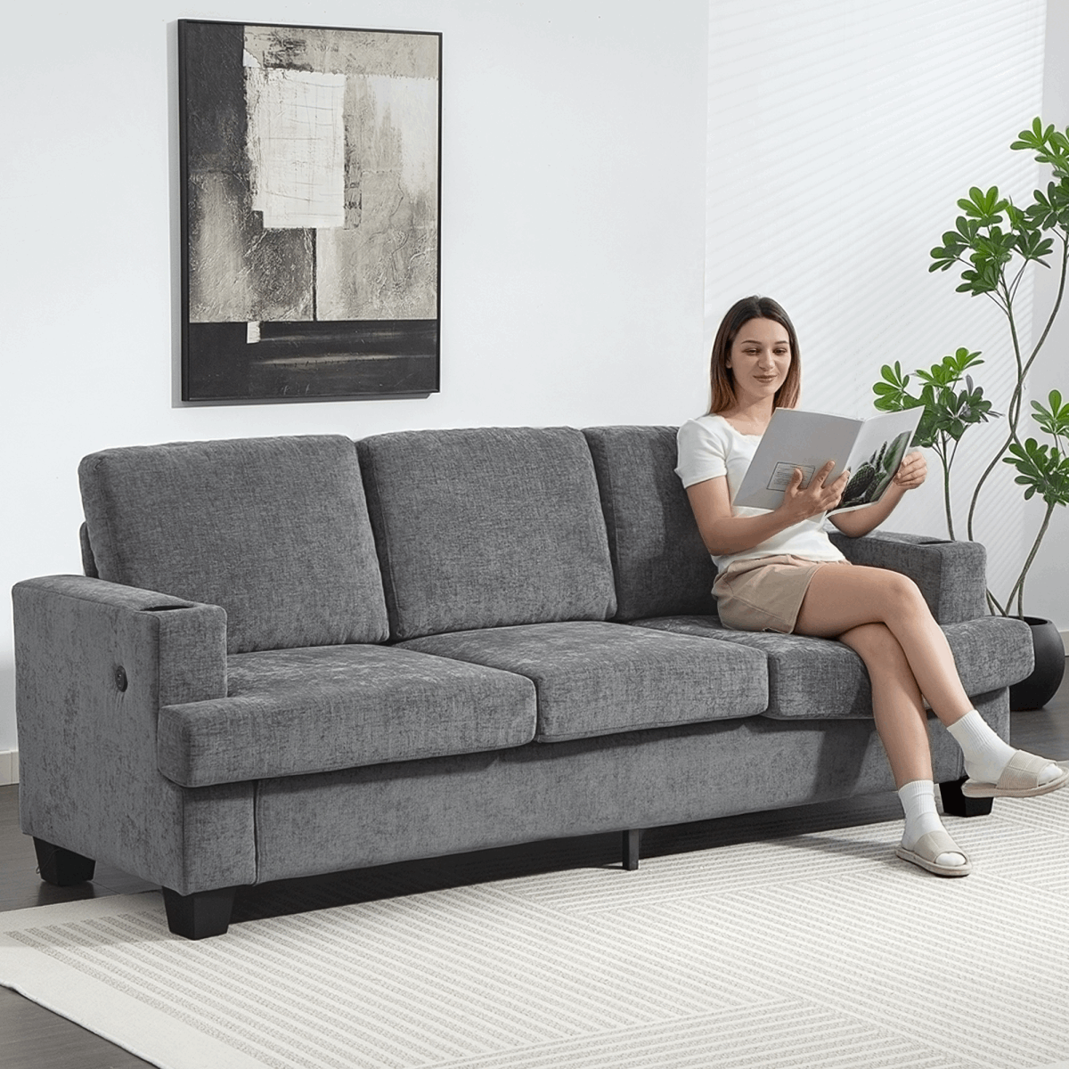 HOMCOM Three Seater Sofa, Fabric Sofa with USB Ports and Cup Holders, Grey HOMCOM