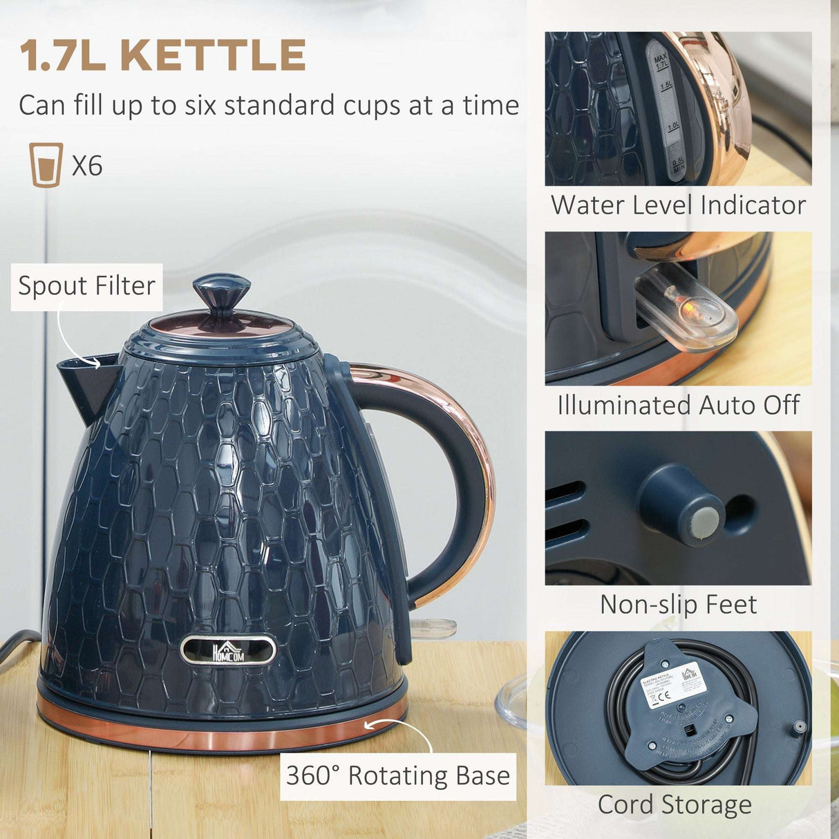 Wise Galleria 1.7L kettle in navy with water level indicator and 360-degree rotating base for a toaster set