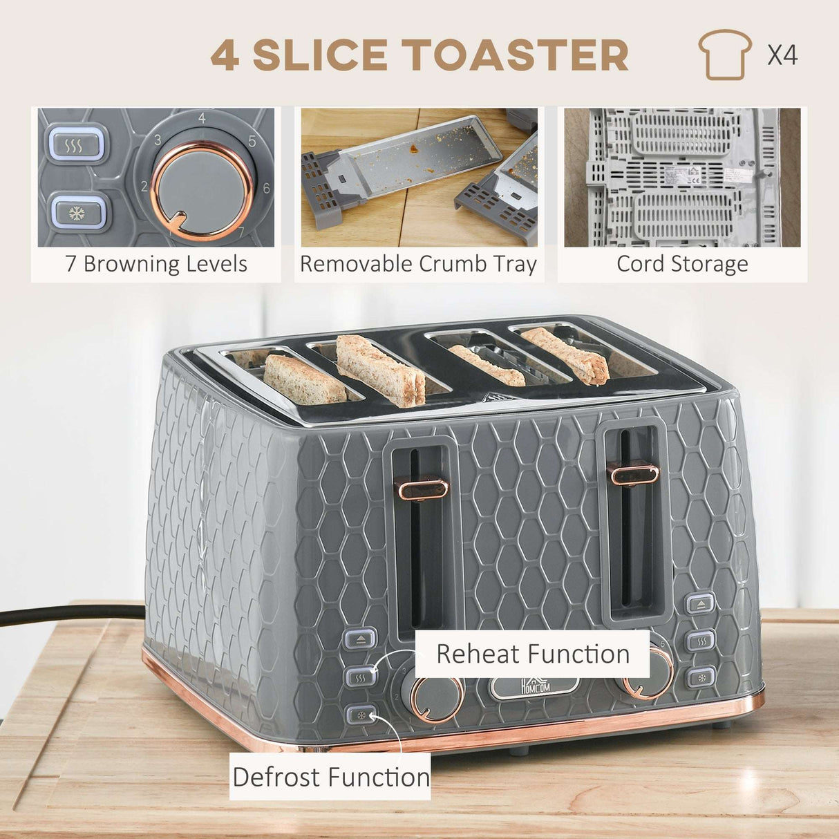 Wise Galleria Toaster Set - 4 slice toaster with 7 browning levels and removable crumb tray