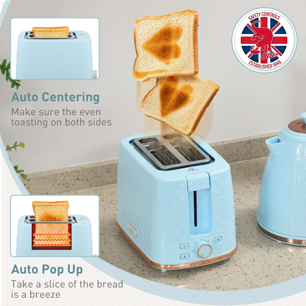 Wise Galleria Toaster Set in pastel blue with auto centering and pop-up features for perfect toast