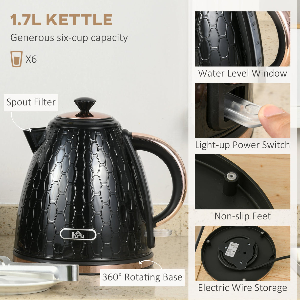 Wise Galleria 1.7L Kettle with Spout Filter and Light-up Switch, part of the Toaster Set