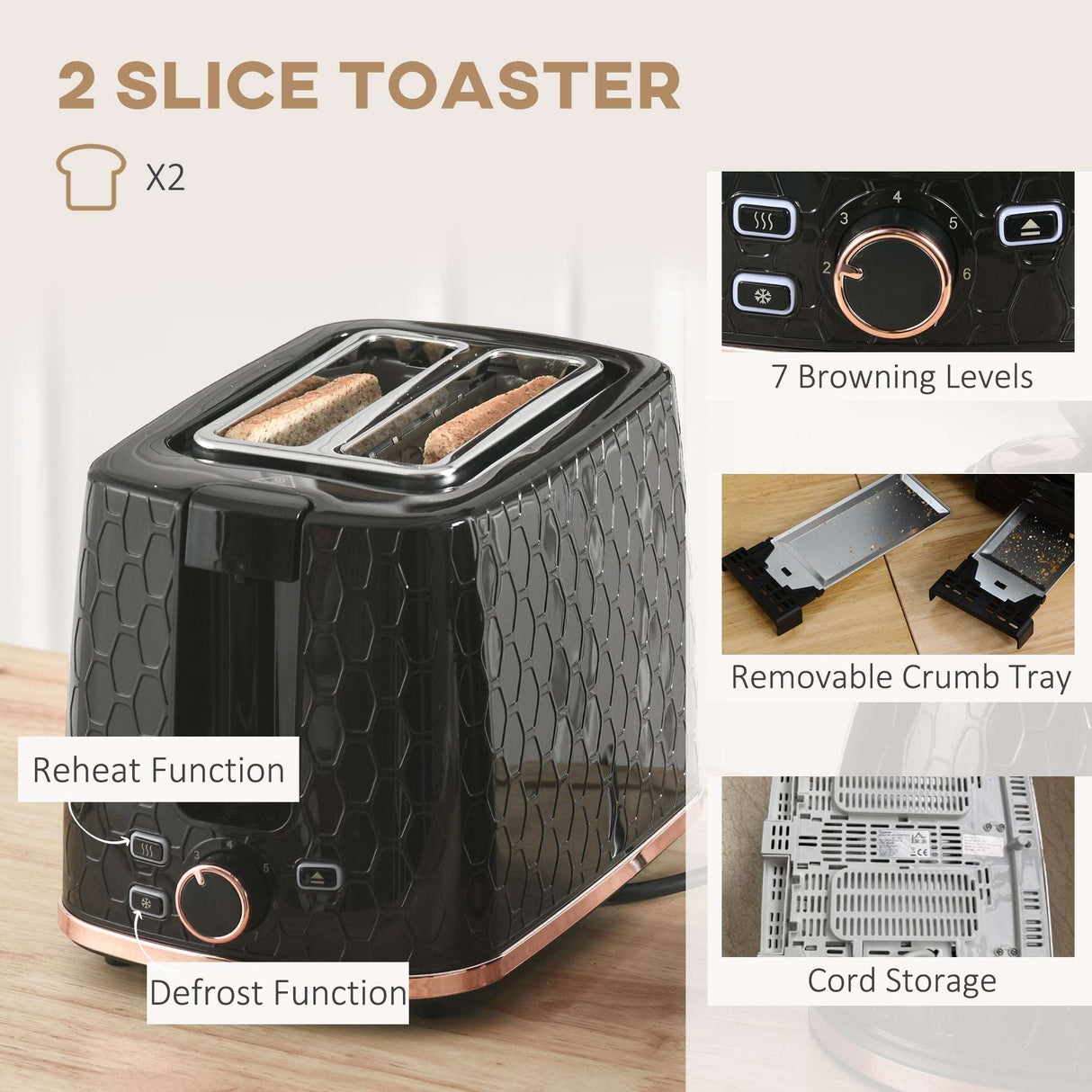 Wise Galleria Toaster Set featuring a stylish 2 slice toaster with 7 browning levels and removable crumb tray