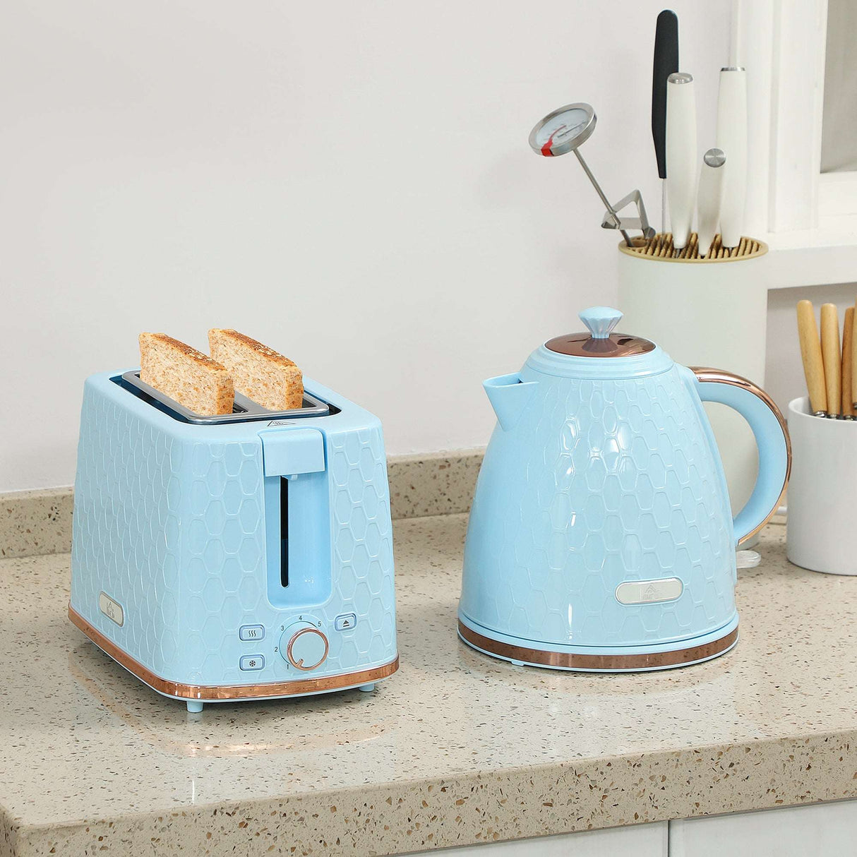 Wise Galleria Toaster Set in pastel blue, featuring a toaster and kettle on a kitchen countertop