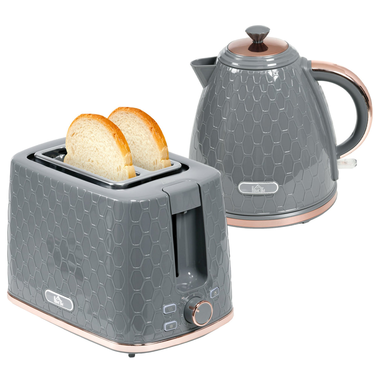 Wise Galleria Toaster Set featuring a modern grey toaster with two slices of bread and a matching kettle