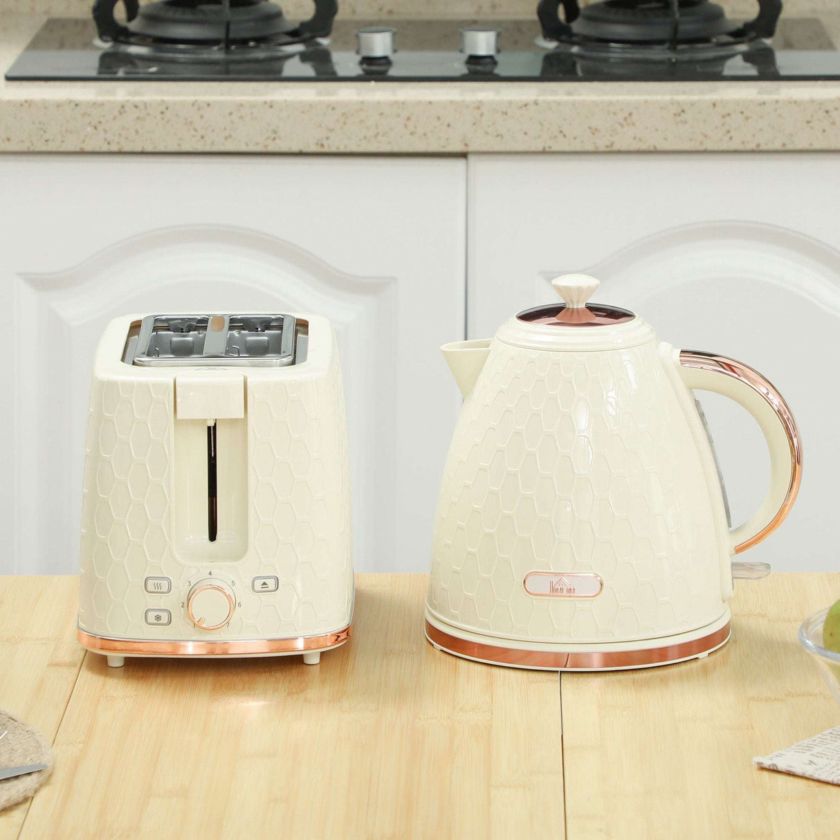 Wise Galleria Toaster Set featuring a cream toaster and kettle with elegant rose gold accents