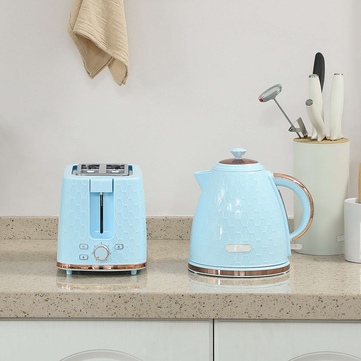 Wise Galleria Toaster Set including a light blue toaster and kettle on a kitchen countertop