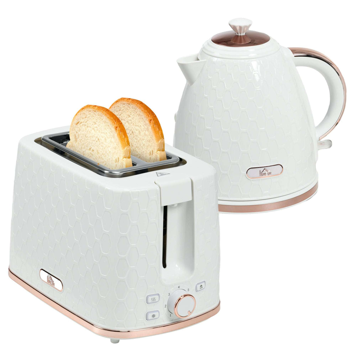 Wise Galleria Toaster Set featuring a geometric white toaster and kettle with rose gold accents