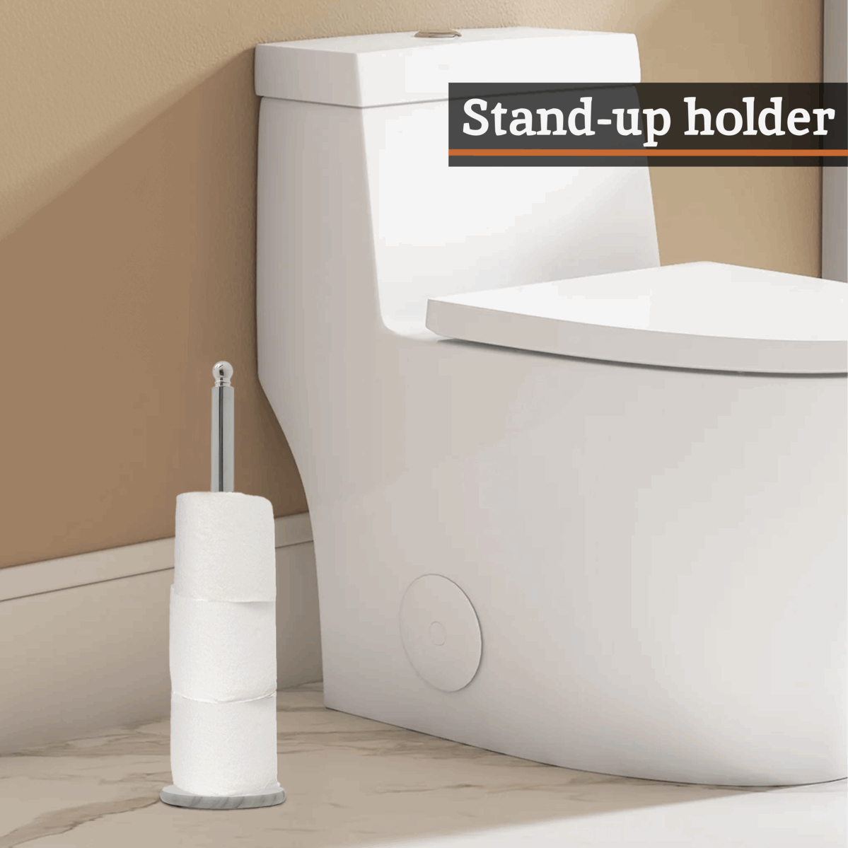 Orsina Toilet Roll Holder with a stylish stand-up design next to the toilet in a modern bathroom