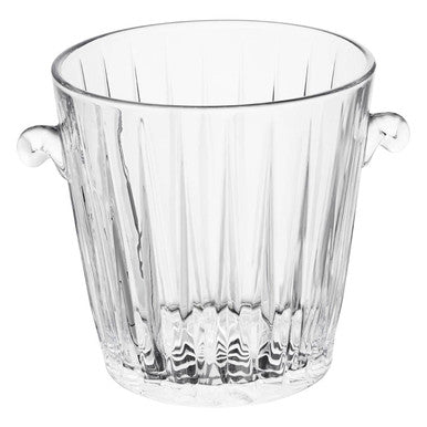 Clear glass ice bucket with ribbed design and sturdy handles for stylish entertaining