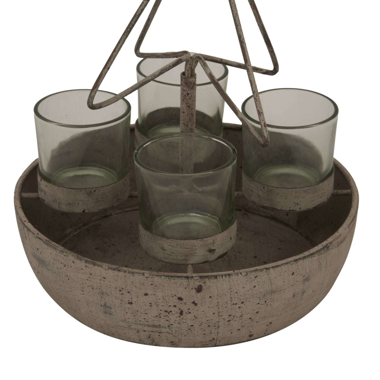 Rustic candle holder with four glass tea light holders featuring a Tree And Star design for Christmas decor