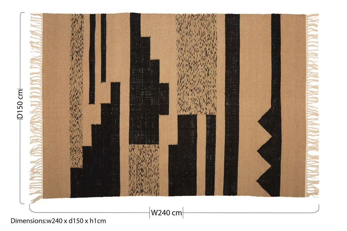 Orsina Trenza Rug in beige and black abstract design, measuring 240 x 150 cm with fringed edges