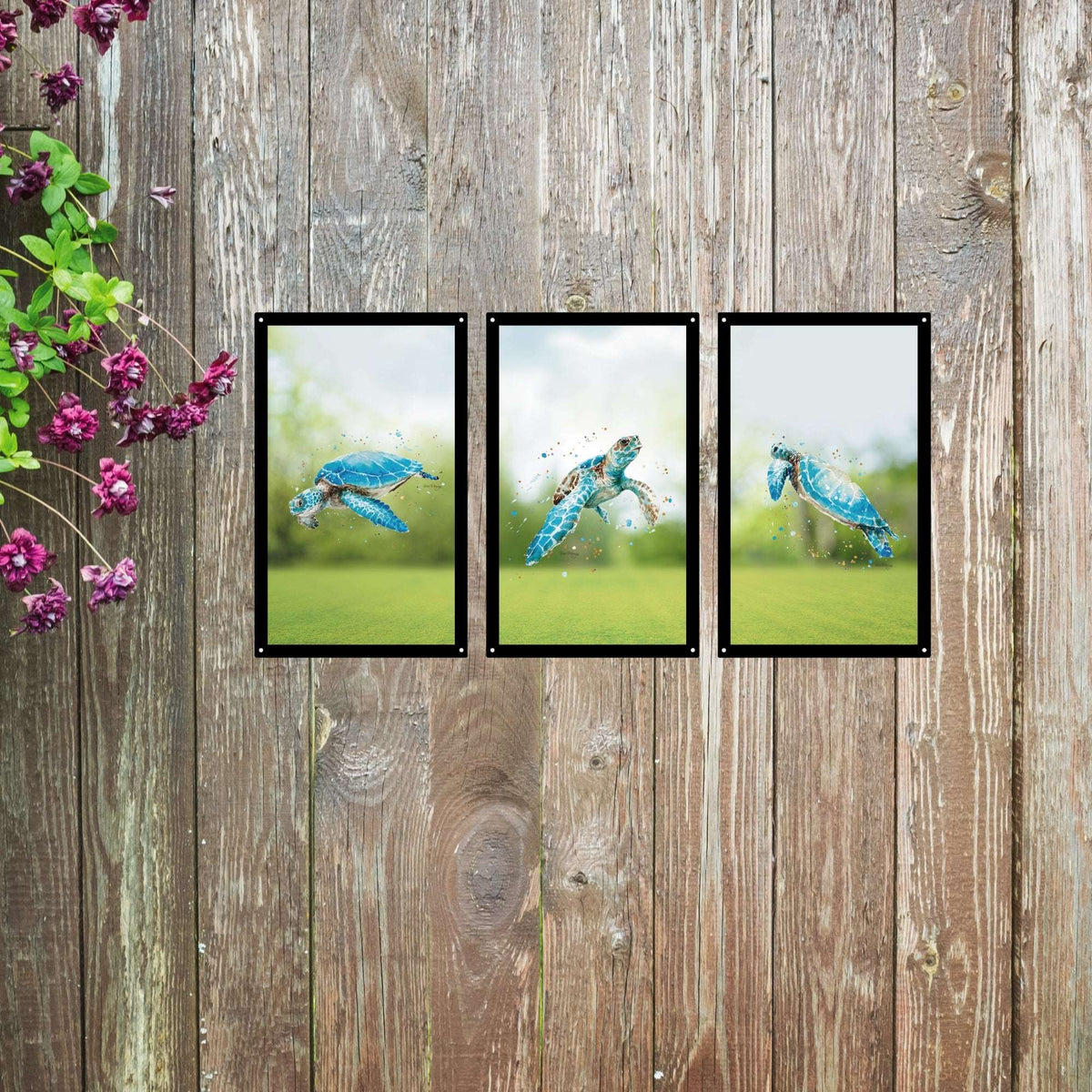 SunCatcher-UK Garden Mirror Set in Triptych Design with Vibrant Frog Images on Rustic Wood Background