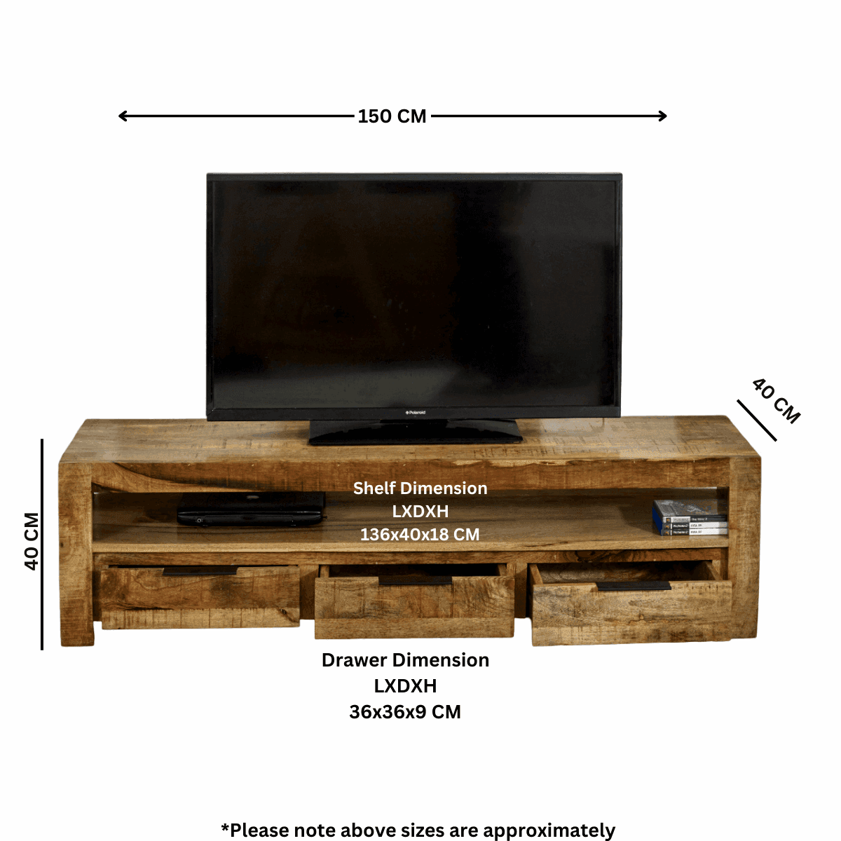 Merlin Mango Wooden Large TV Stand With 3 Drawers Verty Furniture