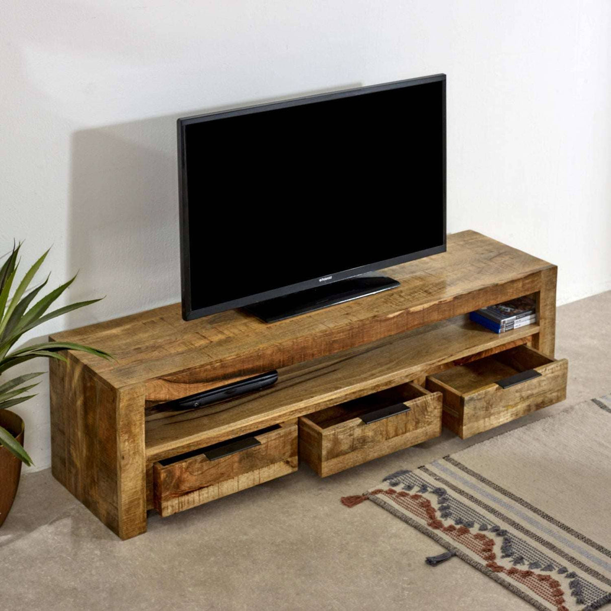 Merlin Mango Wooden Large TV Stand With 3 Drawers Verty Furniture