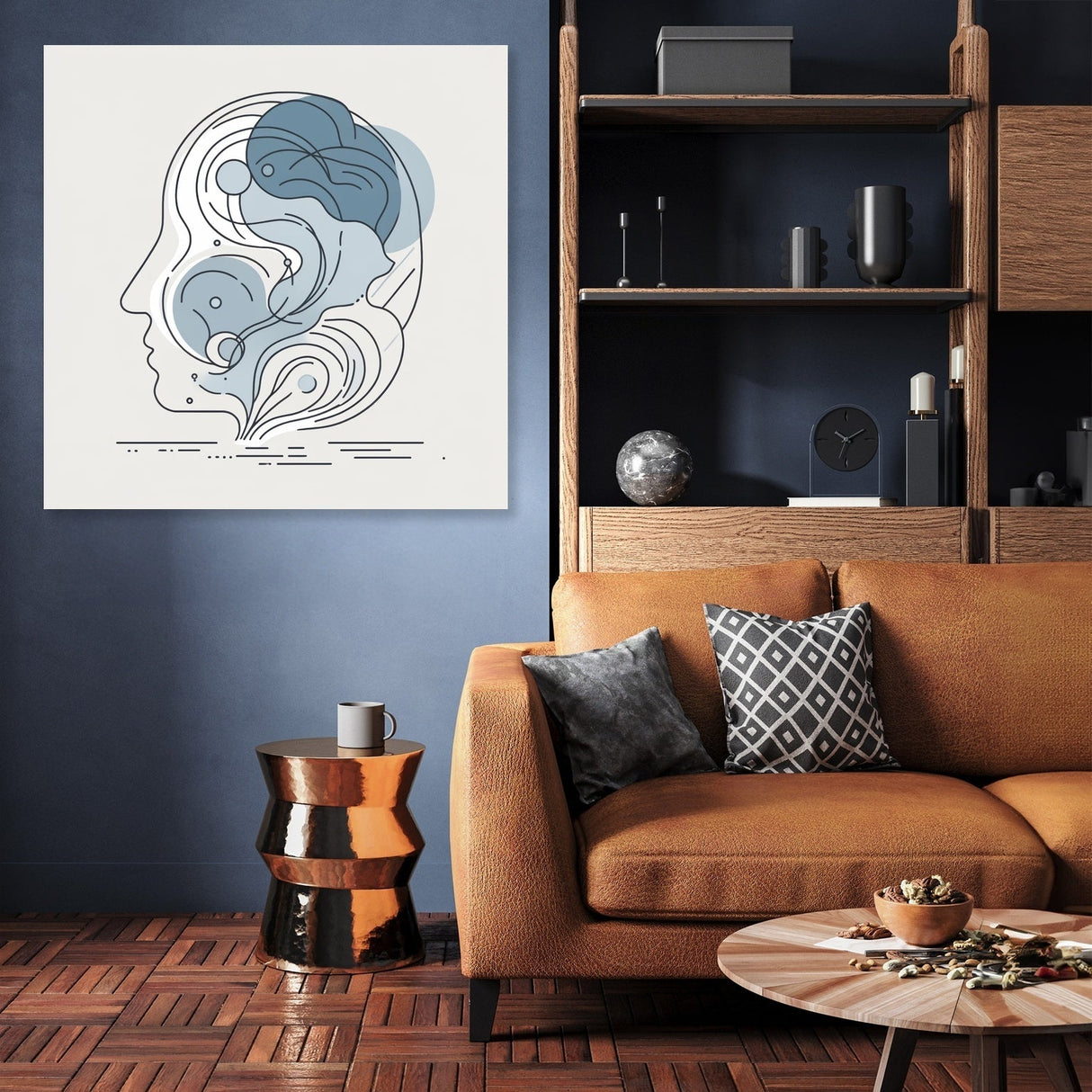 Abstract Wall Art Canvas featuring a minimalist design of faces in soft blue tones for modern decor