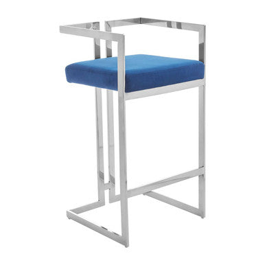 Orsina Bar Stool with a sleek stainless steel frame and a comfortable blue upholstered seat