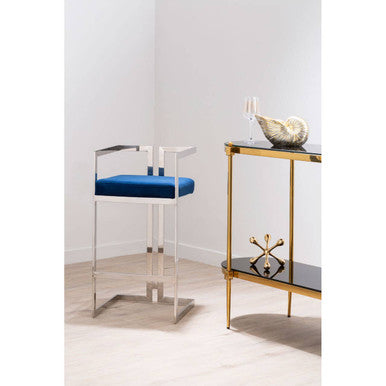 Orsina Bar Stool with Stylish Blue Cushion and Modern Silver Frame for Elegant Bar Seating
