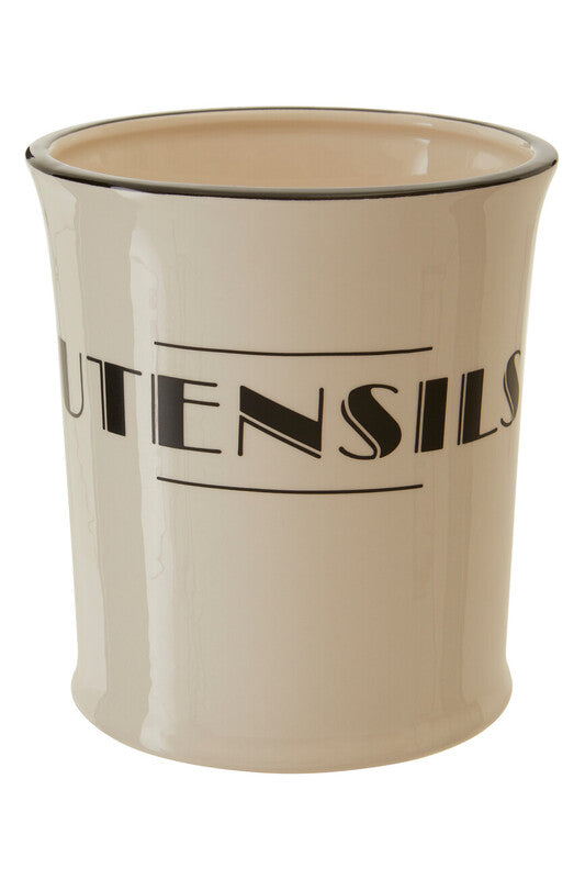 Stylish ceramic Utensils Holder in cream with bold black lettering for kitchen organisation