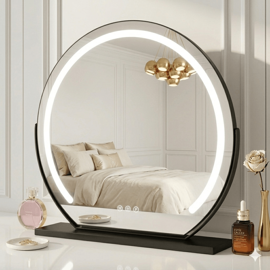 Hollywood Vanity Mirror with Adjustable LED Lighting and Elegant Circular Design on a Stylish Base