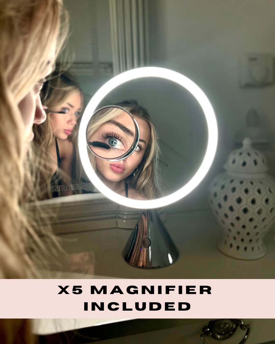 Hollywood vanity mirror with built-in LED light and x5 magnifier for flawless makeup application