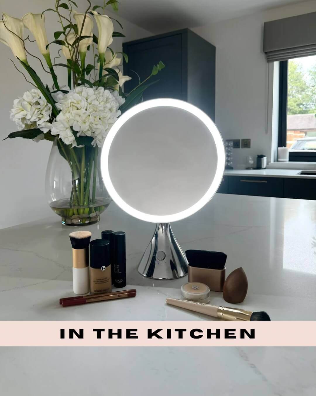 Hollywood Vanity Mirror with LED Light on Kitchen Counter with Makeup Products