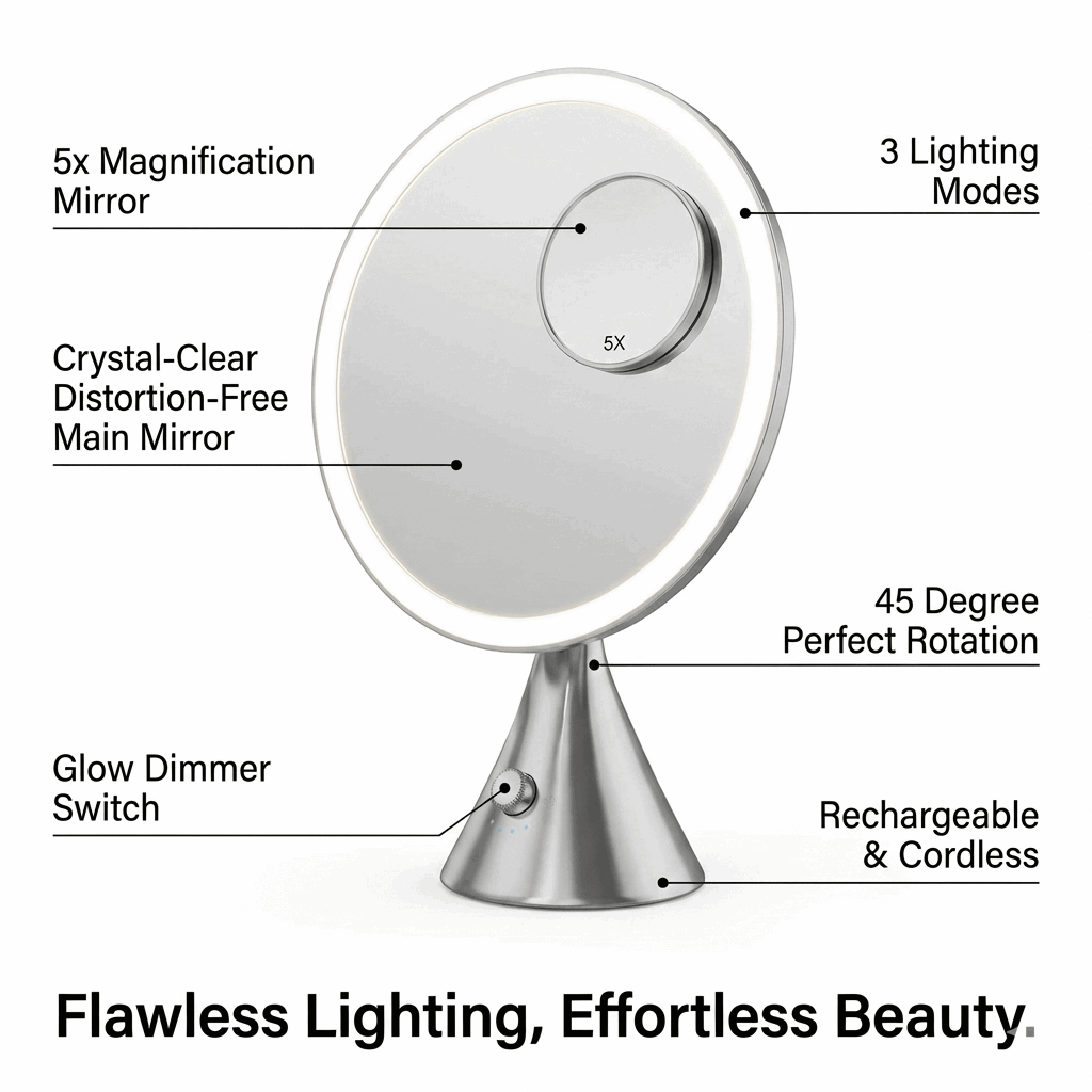 Hollywood Vanity Mirror with 5x Magnification, three lighting modes and cordless design for effortless beauty