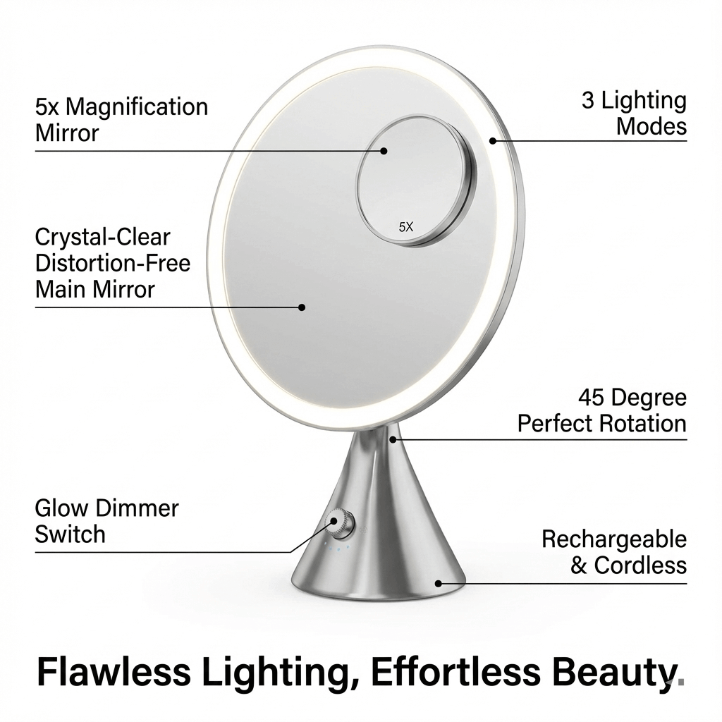 Hollywood Vanity Mirror with 5x Magnification, three lighting modes and cordless design for effortless beauty