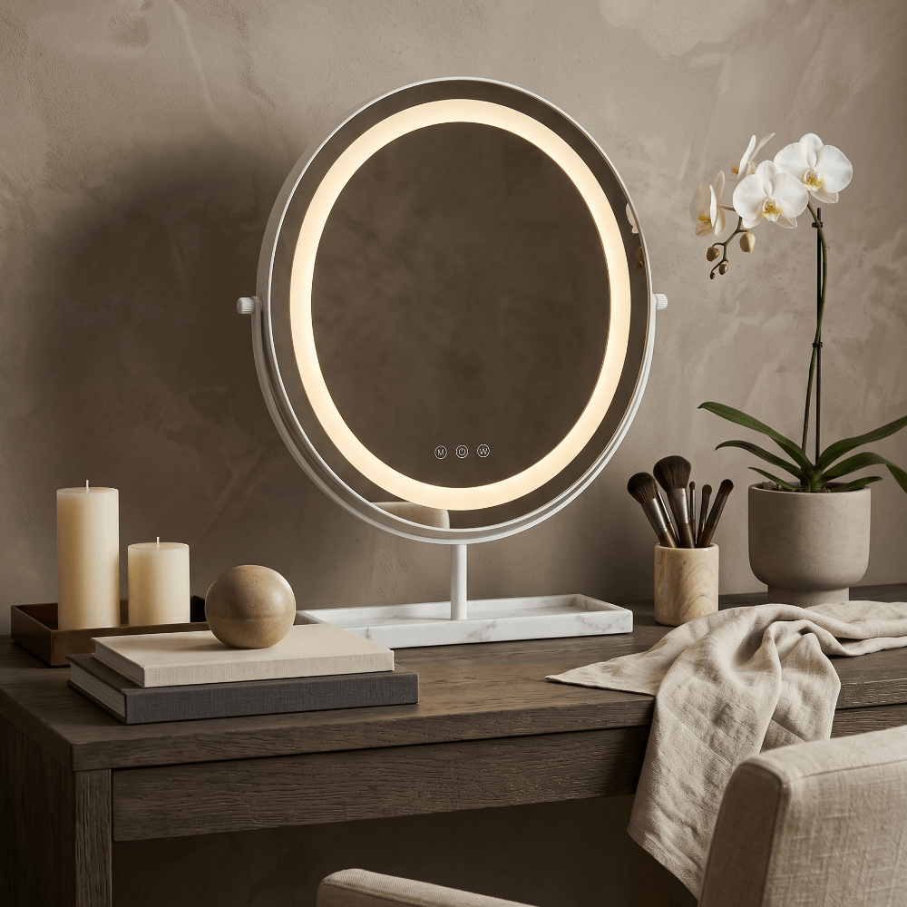 Hollywood Vanity Mirror with LED lights and sleek white base for elegant styling and makeup application