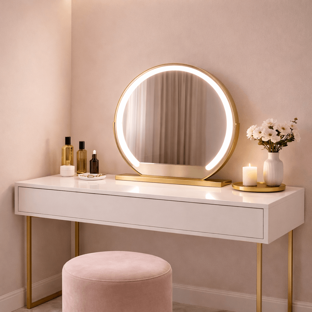 Elegant Vanity Mirror with Round LED Lighting on a Stylish White Dressing Table