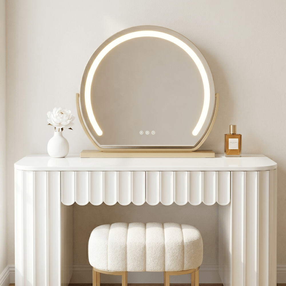 Stylish Vanity Mirror with LED Lighting on a White Table with a Modern Design